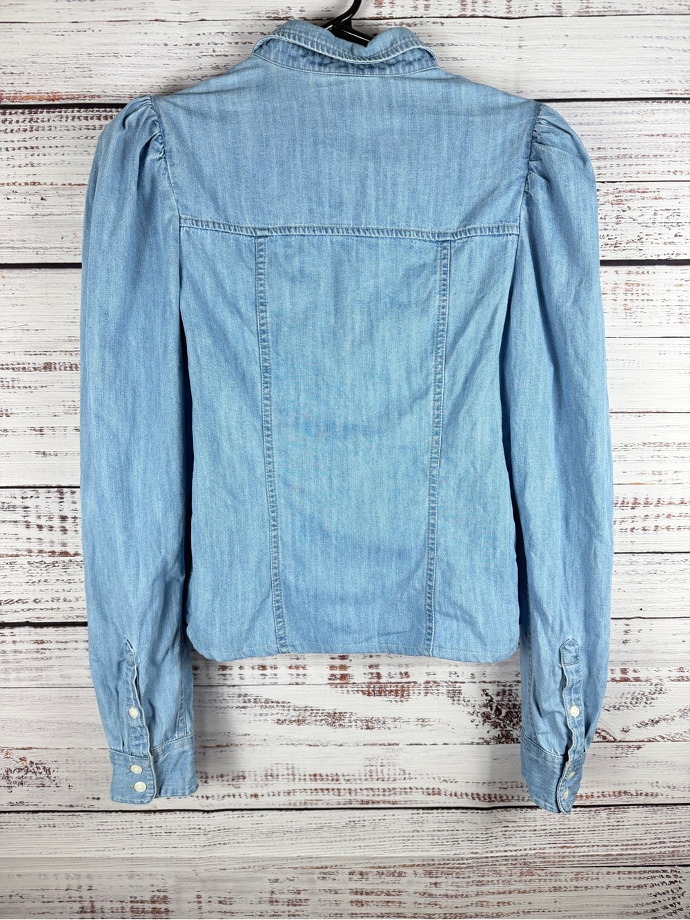 Express Denim Puff Sleeve Button Front Blouse Blue Size S - Picture 5 of 7